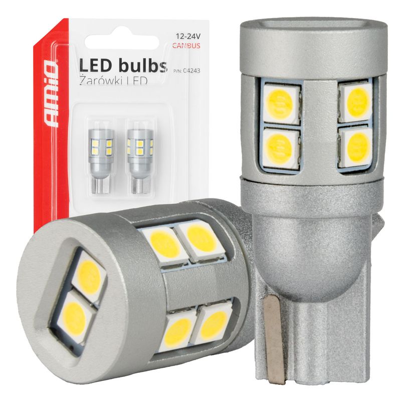 Żarówki LED CANBUS T10 W5W 12 SMD 3030 White 12V 24V - AMIO AMI04243