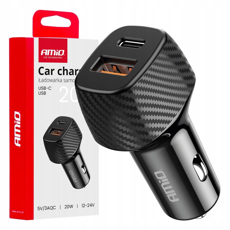 Ładowarka samochodowa QC+PD 20W USB-A + USB-C - AMIO AMI04282