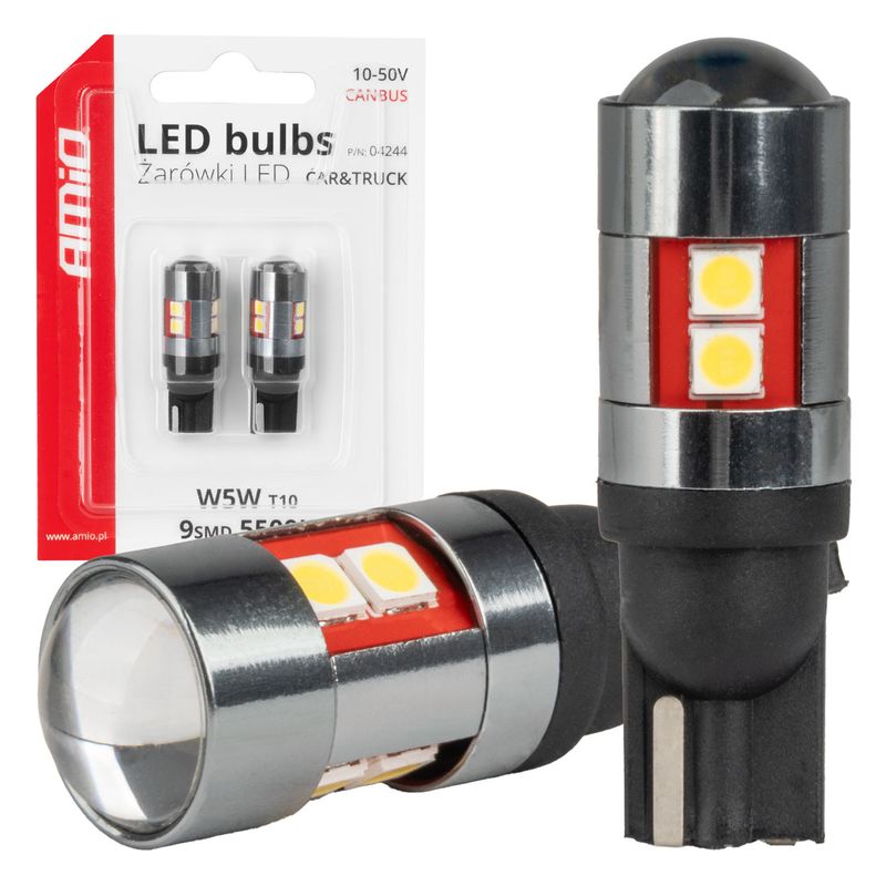Żarówki LED CANBUS T10 W5W 9 SMD 3030 White 12V 24V 36V 48V - AMIO AMI04244