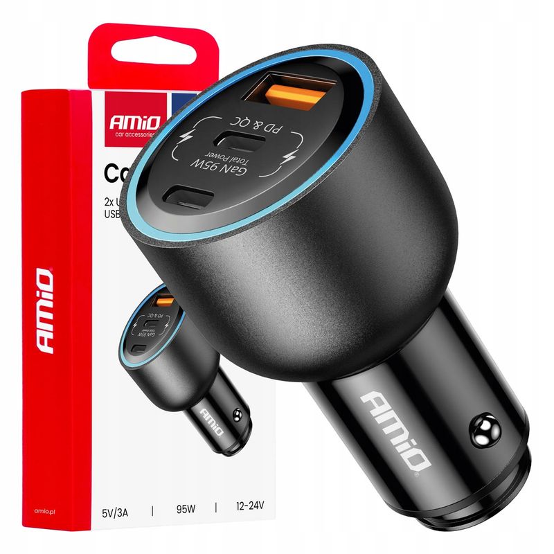 Ładowarka samochodowa 2x USB-C + USB-A 12V 24V 95W - AMIO 04372