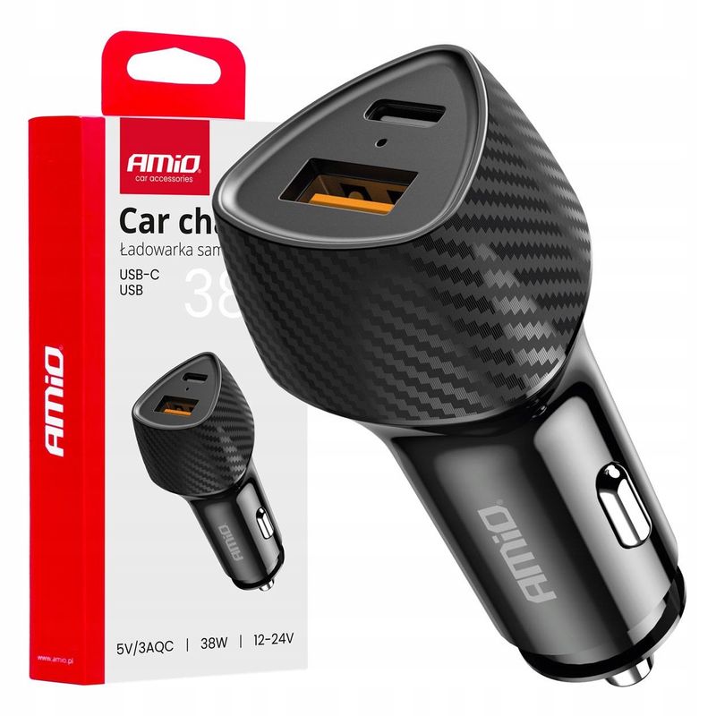Ładowarka samochodowa QC+PD 38W USB-A + USB-C - AMIO AMI04283